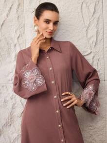 Al Najma Casual Loose Long Sleeve Front Button Women's Arabic Dress - Pink - View 1