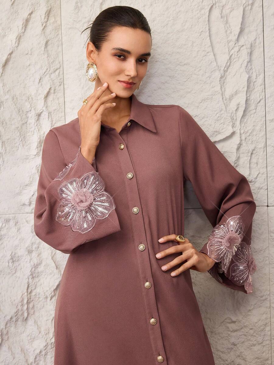 Al Najma Casual Loose Long Sleeve Front Button Women's Arabic Dress - Pink - View 1