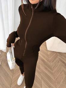 SHEIN EZwear Bộ đồ thể thao lót nhiệt 3 món dành cho nữ gồm áo len cardigan có khóa kéo + áo hai dây + quần dài - Cà phê nâu - Xem 6