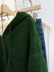 SHEIN Franclia Áo len dệt kim dài tay có mũ dáng rộng màu xám cơ bản dành cho nữ, mùa thu/đông - xanh quân đội - Xem 4