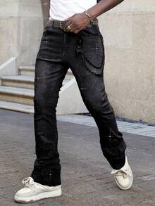 ROMWE MEN Street Life Men's Sparkling Diamond Layered Pocket Casual Versatile Jeans - Black - View 3