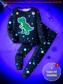 1 Set Young Boy Dinosaur Print Glow-In-The-Dark Star Pattern Tight Fit Long Sleeve Top And Pants Pajama Set, Autumn - White - View 7
