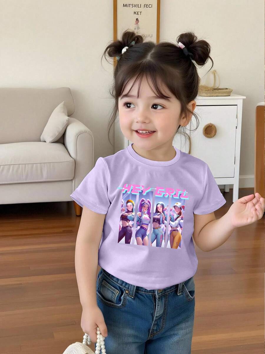 SHEIN 少女紫色T恤,适合春、夏、秋、冬四季穿着,可爱酷炫的动漫人物设计,紫色少女图案,百搭日常休闲装,适合少女街头穿着。 - 紫色 - 查看 1