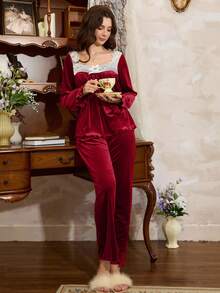 Côtesoire Women's French Velvet Ruched Collar Contrast Lace Red Pajama Set Sleepwear Burgundy Pajama Set For Women, Winter Clothes - Burgundy - View 4