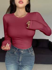FRIFUL Áo thun nỉ nữ màu trơn dáng rộng, đa năng cho mùa thu/đông, tay dài. - Màu Đỏ Sâu - Xem 2
