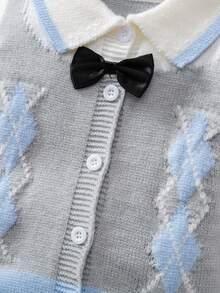 SHEIN Baby Boy Clothing Cute Blue Autumn Birthday One-Piece Crawling Suit,Diamond Pattern Long-Sleeved Knitted Sweater Romper For Parties,Christmas,Soft - Blue - View 6
