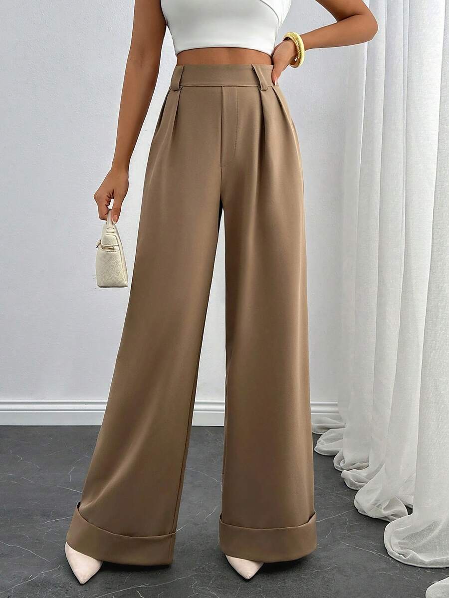 EURMUSE Women Solid Color High Waist Wide Leg Pants - Brown - View 1
