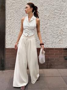 DAZY Women's High Waist Wide Leg Pants, Elegant & Versatile, Autumn/Winter - Beige - View 7