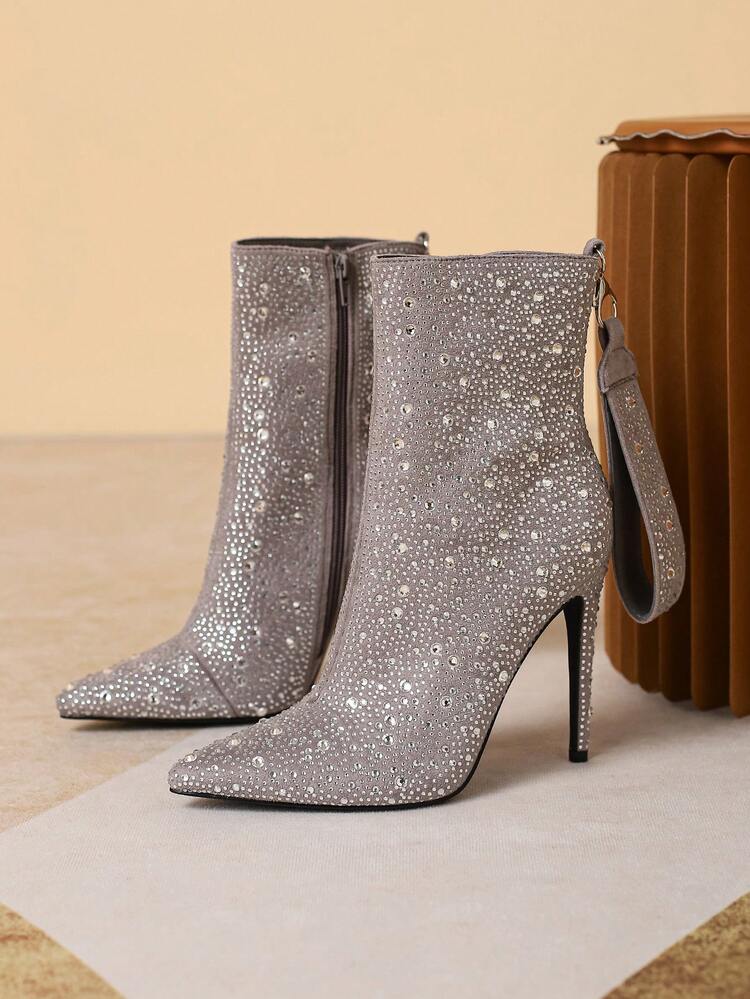 Fashionable Women's Rhinestone Decorated High Heel Ankle Boots