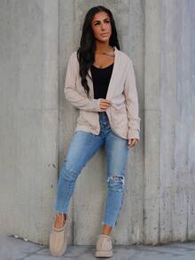 SAYEHFBABY Chaqueta corta ligera de mujer con textura acanalada y cepillada, abierta al frente, con bolsillos laterales, ropa casual para otoño e invierno para mujeres, mujeres de talla pequeña - Albaricoque - Ver 6