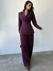 女士简约优雅商务通勤休闲百搭安科拉红色长袖西装外套，秋冬季收腰西装外套，通勤装/教师装/返校季/复古风/秋季/商务休闲/秋季/办公室着装/工作装/秋季，适合通勤、秋季，酒红色高腰收腰中长款西装外套 - 酒紅色 - 查看 6