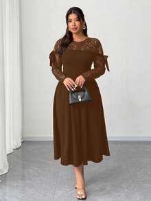 Elenzga Gaun Patchwork Renda Elegan untuk Wanita Ukuran Plus - Coklat - View 4