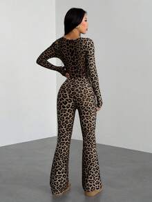 SHEIN PETITE Women's Autumn Leopard Print Square Neck Long Sleeve Flared Fashion Jumpsuit ,Petite Women - Brown - View 2