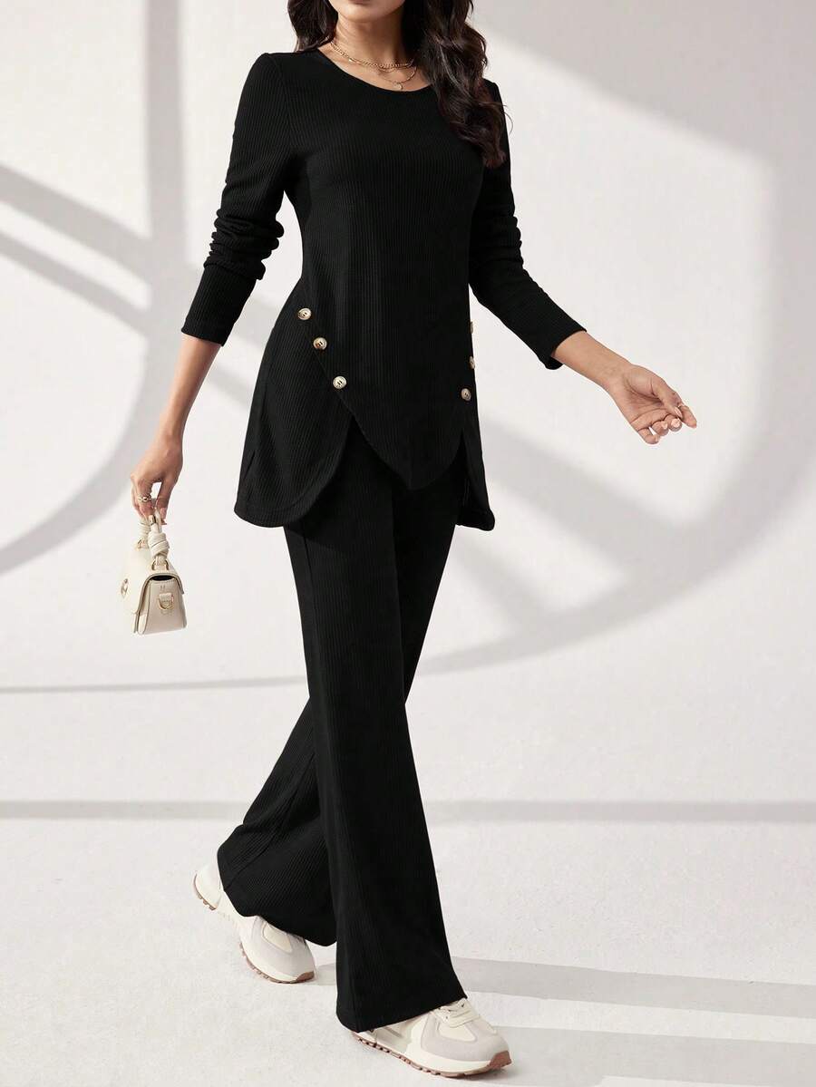 Graceveil 2pcs Women Sets: 1 Solid Color Button Decor Elegant Long Sleeve Top And 1 Flare Pants, Suitable For Autumn 2 Piece Set Modest - Black - View 1