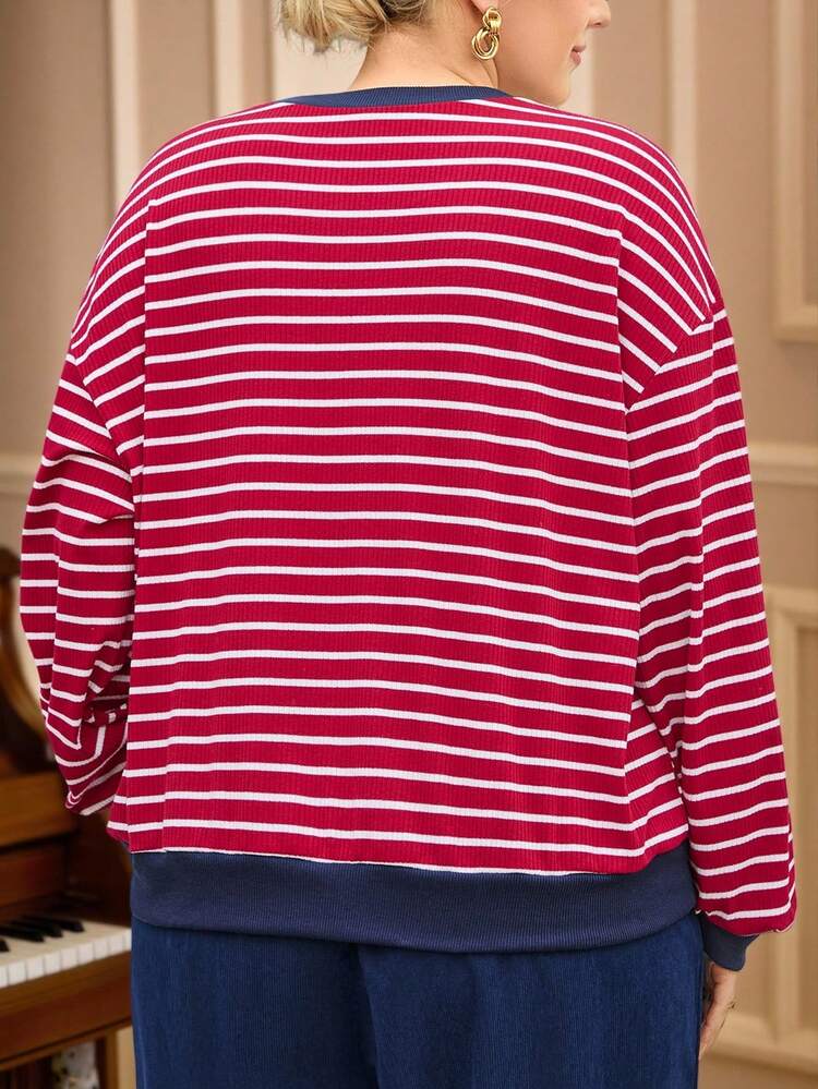 Plus Size Women Fall/Winter Casual Street Fashion Casual Burgundy Striped Contrast Color Round Neck Long Sleeve T-Shirt,Autumn,Going Out,2025 New,Simple And Fashionable For Everyday Wear,Christmas,New Year,Christmas Red Top,Winter, Christmas,New Year,Thanksgiving,