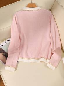 SHEIN 1 pieza Cárdigan de niña, diseño de volantes de color contrastante en el cuello redondo, grosor regular, dobladillo prolijo, textura suave y cómoda, durable, moda casual versátil, adecuado para uso diario, al aire libre, reuniones, escuela, etc. Adecuado para primavera y otoño - Rosa - Ver 2