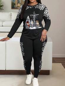 Maweii 2pcs Women Christmas Snowman & Snowflake Print Crew Neck Long Sleeve Top And Slim Fit Pants Set - Black - View 1