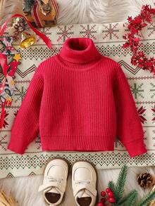 SHEIN Vintaside Kids 女婴纯色长袖休闲高领毛衣，适合亲子时光、派对、户外活动、万圣节和圣诞节等节日聚会，也适合与其他女婴毛衣搭配。这款纯色针织毛衣红色上衣，女婴高领毛衣，款式多样，时尚百搭。 - 紅色 - 查看 2