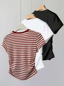 Conjunto de 3 camisetas casuales de verano para mujer en negro, blanco y gris con bordado de gallo, corte ajustado, estilo deportivo - Multicolor 5 - Ver 2