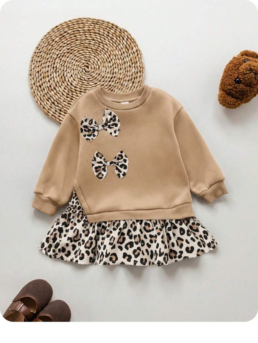 Babygirl Cute Knit Patchwork Leopard Print Long Sleeve Dress, Autumn/Winter - Khaki - View 1