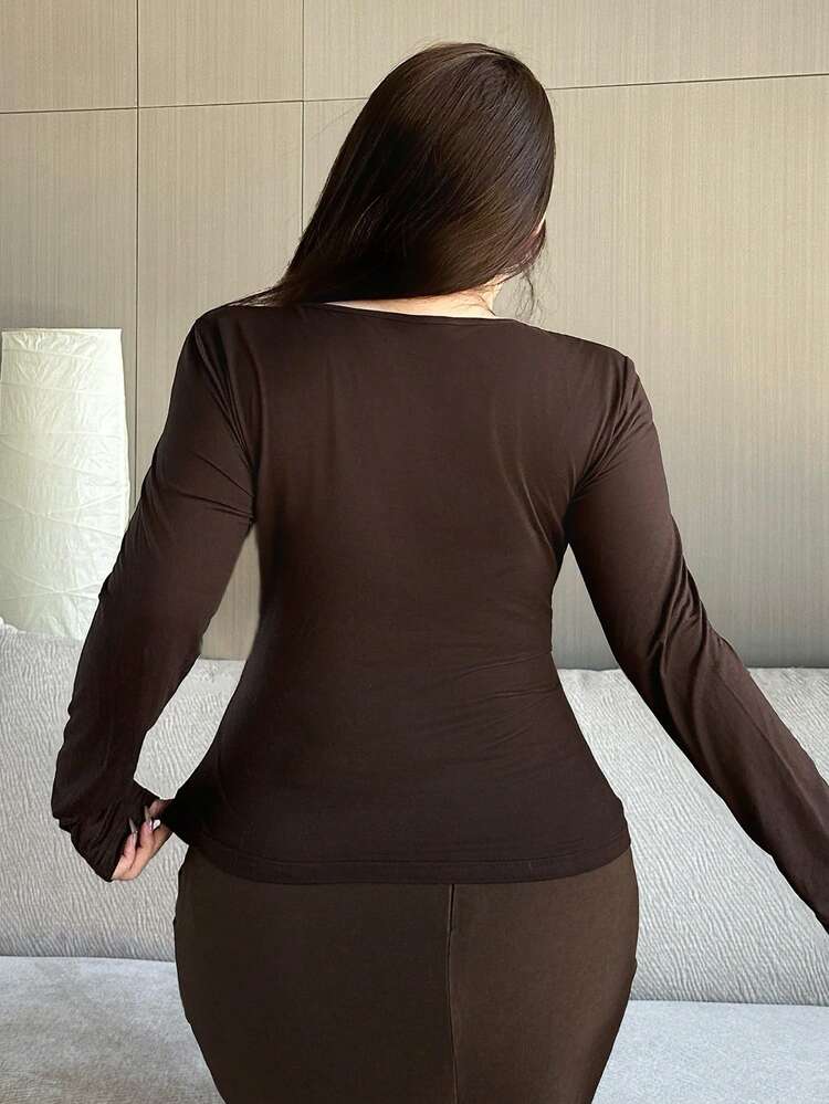 Dazy Plus Plus Size Women Stretchy Solid Color Hollow Sexy Wrap Long Sleeve T-Shirt