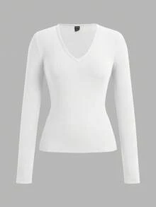 SHEIN EZwear Bộ 3 áo thun dài tay cơ bản cổ chữ V sâu ôm vừa vặn thường ngày dành cho nữ, thích hợp cho mùa thu/đông - trắng - Xem 7
