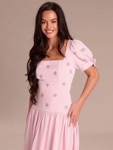 Enchnt Đầm dài tay bồng cổ vuông đính đá trang trí thanh lịch cho nữ - Hồng - Xem 4