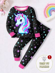 一套女婴睡衣，夜光独角兽和星星印花针织圆领上衣搭配全星印花紧身裤，可爱睡衣 - 黑色 - 查看 4