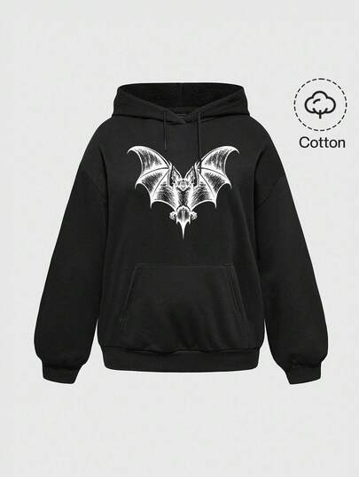 Grunge Punk Gothic Bat Dark Gothic Loose Fit Hoodie, Plus Size
