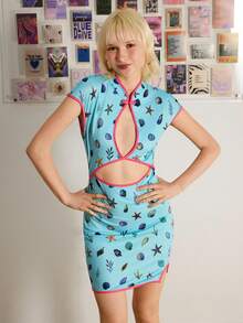 Y2Kool Maria Clara Maia Blue & Pink Contrast Hollow Sexy Ocean Elements Shell Starfish Oriental Elements New Chinese Style Cheongsam Bodycon Mini Dress, Suitable For Autumn/Winter Party, Daily Wear - Blue - View 3