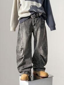 Manfinity Hypemode Herren Knopftaschen Gerade Lässig Locker Sitzende Baggy Jeans, Streetwear und Vielseitig - Grau - Übersicht 1