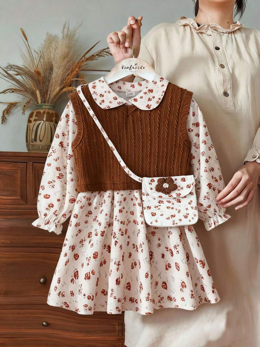 SHEIN Vintaside Kids 女婴牛仔连衣裙针织背心两件套,秋冬季 - 棕色 - 查看 1