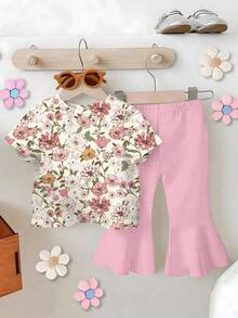 Bộ áo thun in hoa và quần ống loe cho bé gái, thiết kế hình thỏ dễ thương, phong cách đồng quê giản dị, phù hợp cho mọi mùa - Hồng - Xem 2