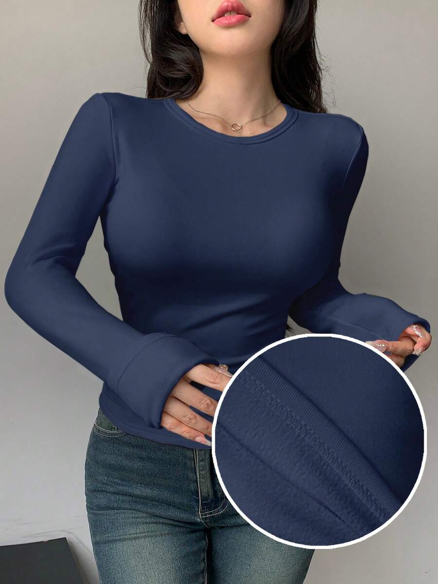DAZY Women's Solid Color Crew Neck T-Shirt With Thermal Lined, Autumn/Winter - Navy Blue - View 1