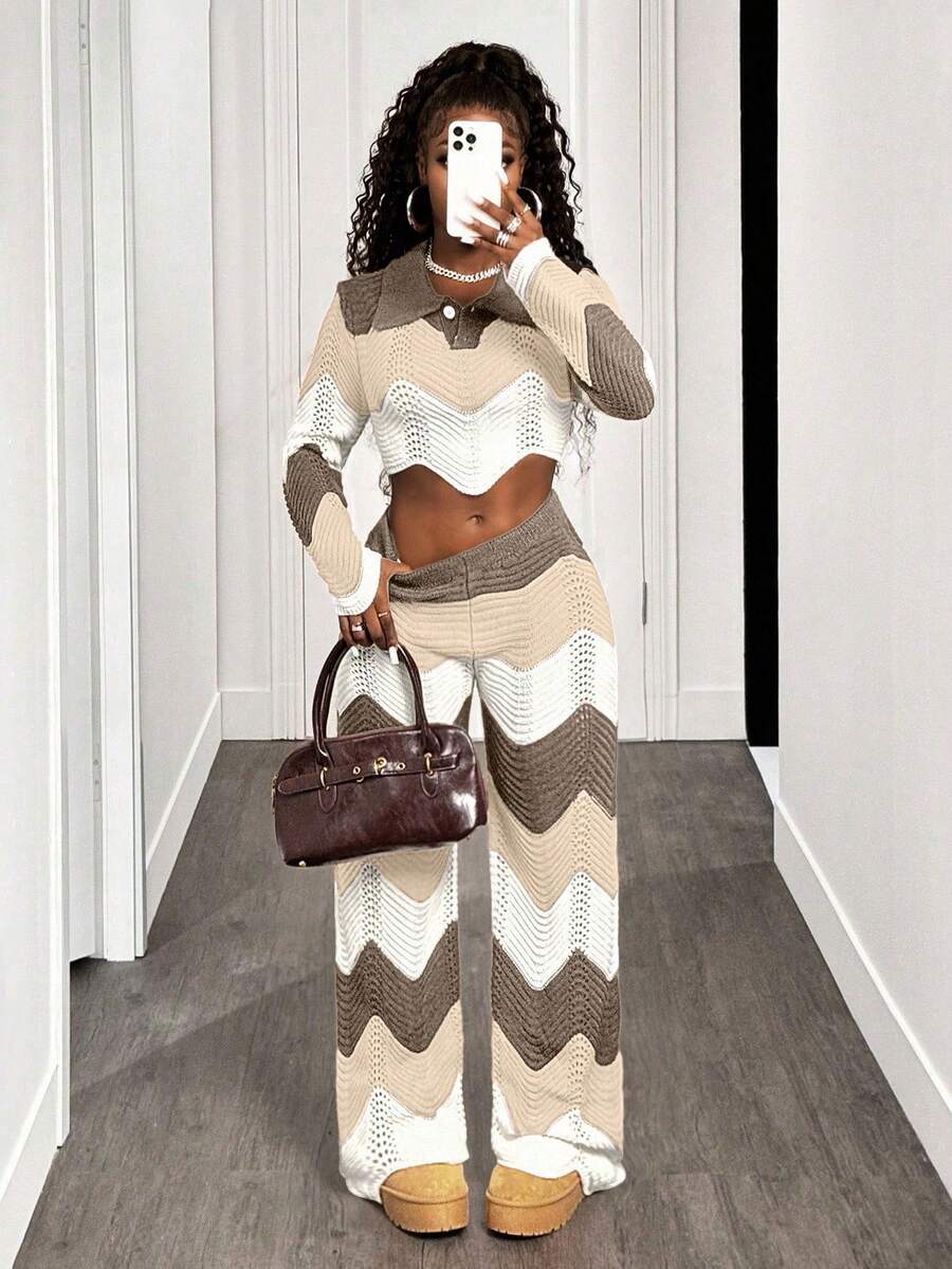 BamGleam Women's Wavy Striped Knit Pants Set, Autumn/Winter - Apricot - View 1