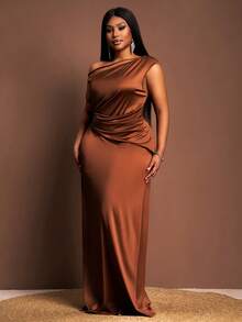 Veslaya 新款春夏款式：优雅派对/约会/晚宴/毕业典礼/婚礼季/生日派对/情人节/单身派对/情人节连衣裙。棕色，修身剪裁，单肩设计，细肩带装饰，收腰，光泽弹力面料，加大码加长连衣裙。 - 棕色 - 查看 4