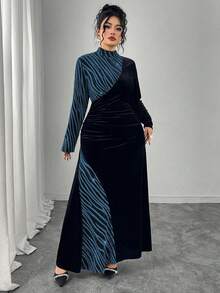 Modelyn 大码女式立领长袖丝绒拼接优雅派对连衣裙，秋冬款 - 彩色 - 查看 5