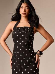 AiiRZ Robe mi-longue corset à pois ornée avec clous métalliques pour événements, fêtes, invités de mariage - Noir - Voir 3