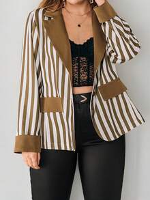 SHEIN Privé Women's Plus Size Striped Blazer - Brown - View 1