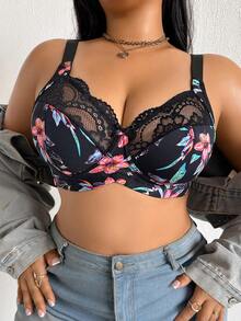 SHEIN 1pc Plus Size Lace Patchwork Wireless Bra - Multicolor - View 10