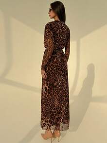 Aloruh Women's Sexy Leopard Print Long Sleeve Deep V Wrap Maxi Dress, Slimming And Belly Covering, Autumn/Winter - Brown - View 4