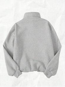 SHEIN 少女复古保罗图案刺绣拉链卫衣，休闲宽松版型，复古可爱蝴蝶结字母印花，适合秋冬季穿着 - 灰色 - 查看 2
