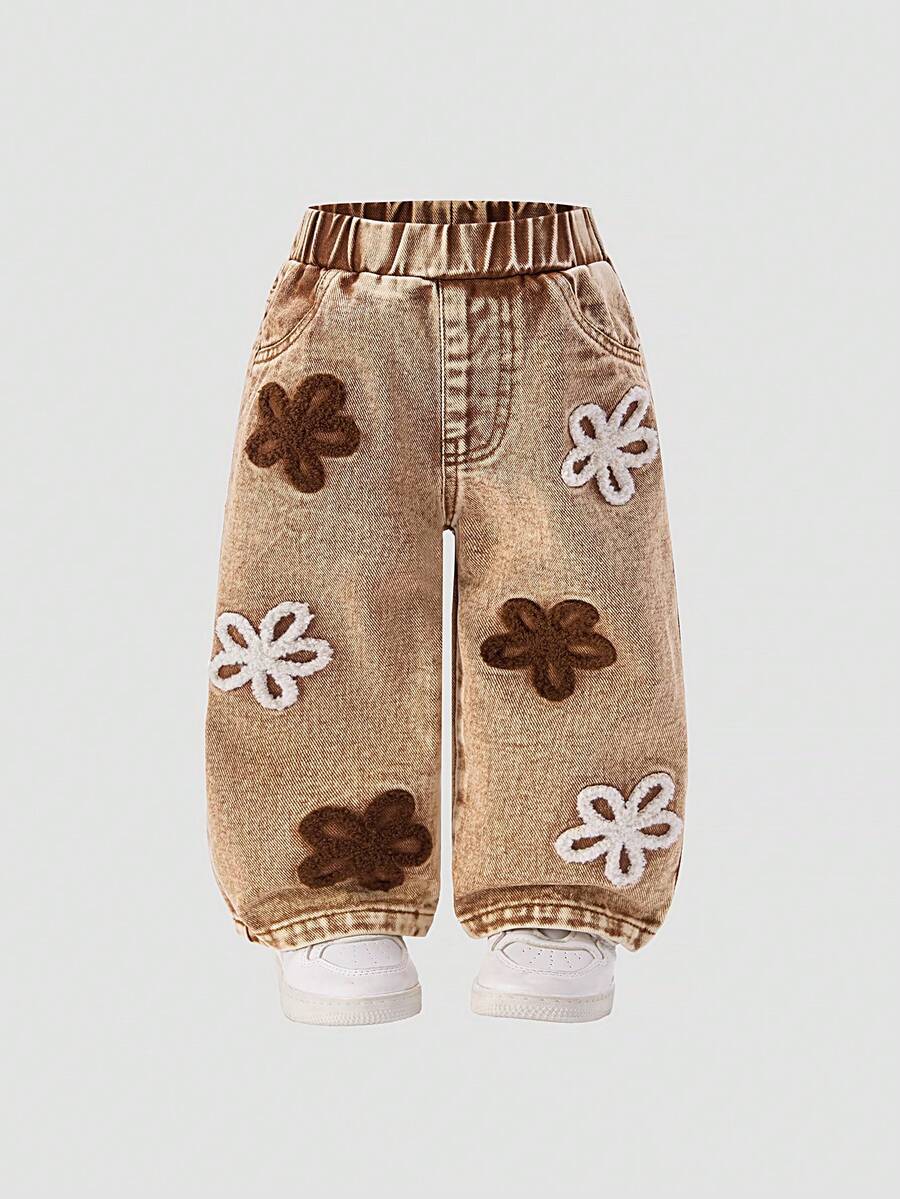 Baby Girls' Fashion Snowflake Distressed Embroidered Flare Pants Baby 70s Outfit Mocha Baby Clothes - Khaki - View 1