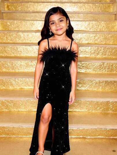 Tween Girl Fuzzy Collar High Slit Cami Party Christmas Dress, Christmas Party Dress, Black Sequin Princess Dress, Outfit, New Year Girl Outfit, Black Long Dress, Formal Ball Gown Dress, Princess Girl Outfit, Fairy Dress, Ideal Christmas Dress For Girls, Thanksgiving, Thanksgiving Outfits For Girls