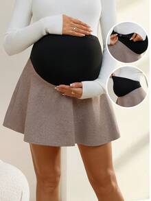 SHEIN Maternity Casual Color Block Patchwork Skirt, Autumn/Winter - Coffee Brown - View 1