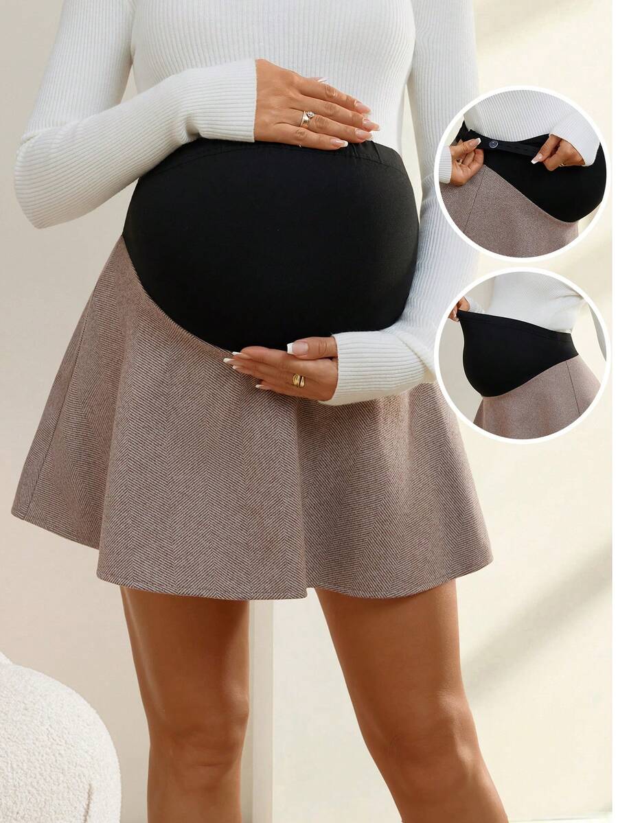 SHEIN Maternity Casual Color Block Patchwork Skirt, Autumn/Winter - Coffee Brown - View 1