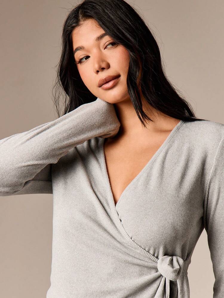 Ribbed Wrap Top With Wide Leg Trouser Set