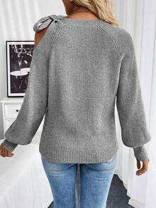 SHEIN LUNE Suéter casual de unicolor con hombros descubiertos, mangas raglán con lazo, para otoño/invierno - Gris - Ver 2