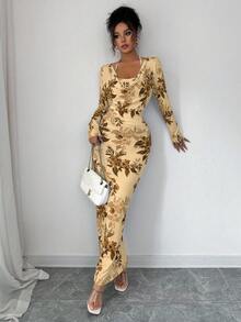 Elenzga 新款蓝白碎花性感优雅垂褶领口荷叶边系带修身迷你连衣裙，秋冬内搭连衣裙 - 彩色 - 查看 5