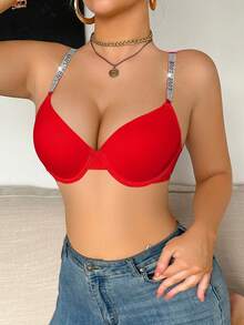 SHEIN Sujetador de mujer cómodo, de soporte, minimalista, con tirantes estampados y con brillos - Rojo - Ver 3